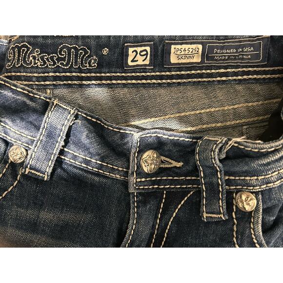 Miss Me Jeans Women’s Size 29 Blue Skinny Distressed Sequence Cross Low Rise - Picture 3 of 9